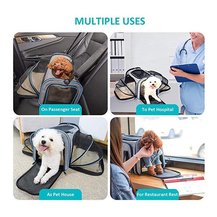 Pet carrier with multiple uses including car seat, pet hospital, pet house, and restaurant.