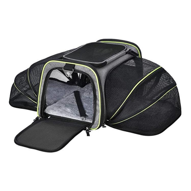 Pet carrier with open door on a white background