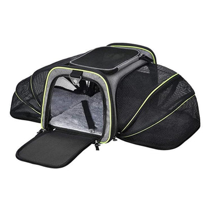 Pet carrier with open door on a white background