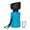 Blue water bottle with black lid and carabiner on a white background