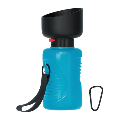 Blue water bottle with black lid and carabiner on a white background