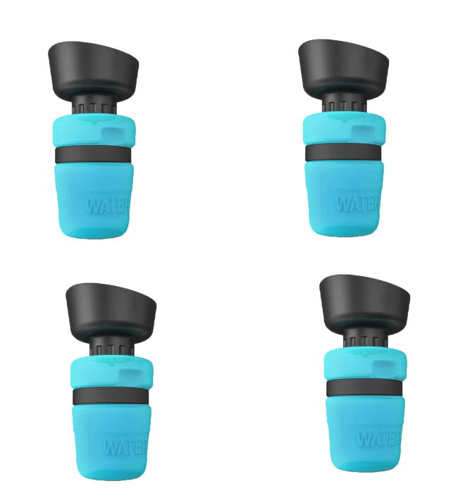Four blue and black water bottle nozzles on a white background