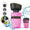 Pink water bottle with black cap on a white background, surrounded by water splashes and a dog image.
