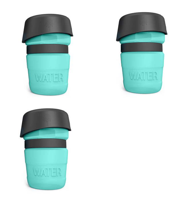 Three turquoise water bottles with black lids on a white background