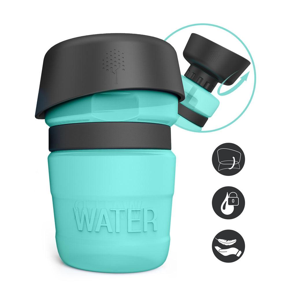 Turquoise water bottle with black lid on a white background