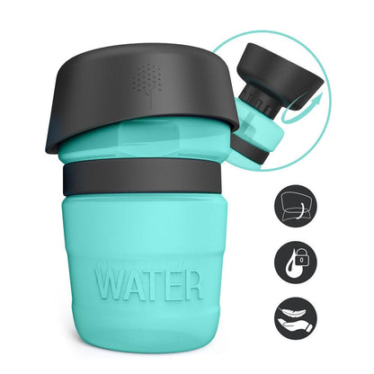 Turquoise water bottle with black lid on a white background