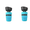 Two blue water bottle nozzles with black caps on a white background
