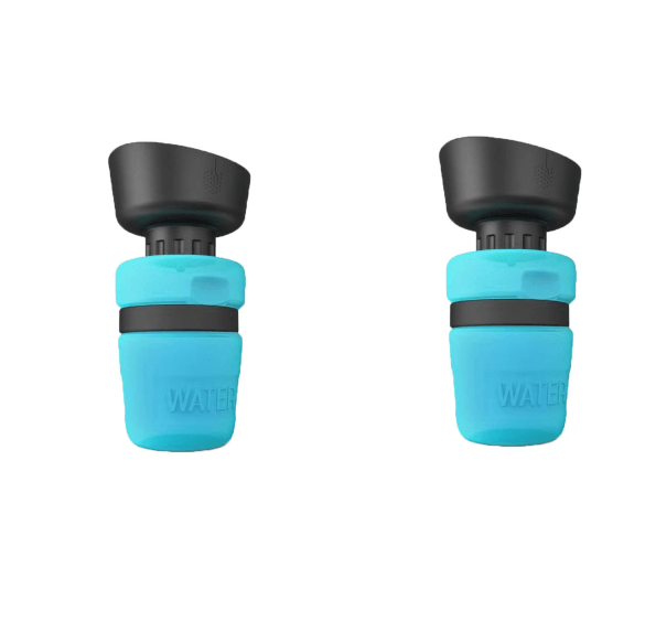 Two blue water bottle nozzles with black caps on a white background