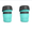 Two turquoise water bottles with black lids on a white background