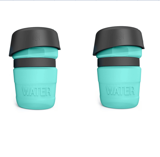Two turquoise water bottles with black lids on a white background