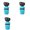 Three blue water bottle caps with black bands on a white background