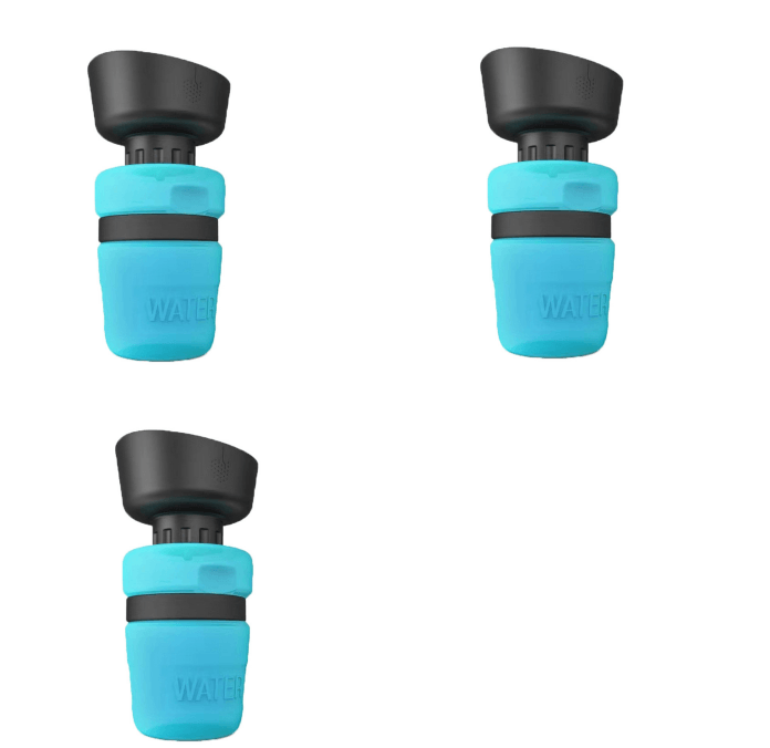 Three blue water bottle caps with black bands on a white background