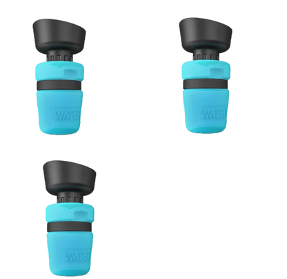Three blue water bottle caps with black bands on a white background