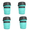 Four turquoise reusable cups with black lids on a white background