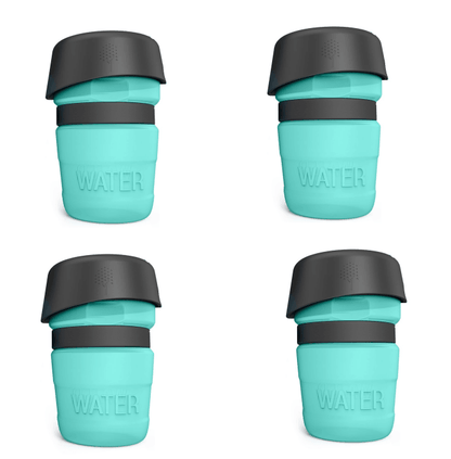Four turquoise reusable cups with black lids on a white background