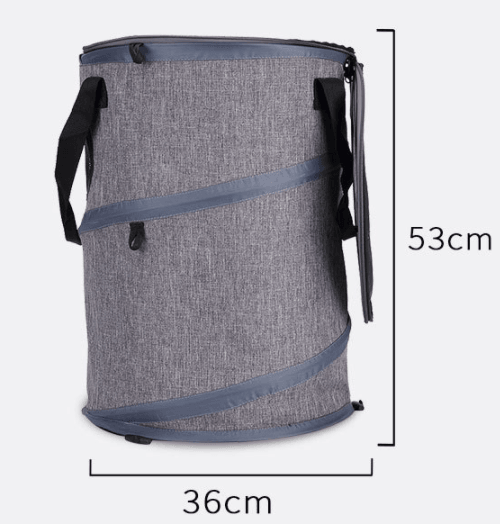 Gray laundry basket with black handles and measurements on a white background