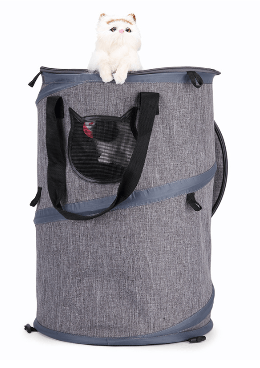 Gray pet carrier with a black handle and wheels on a white background