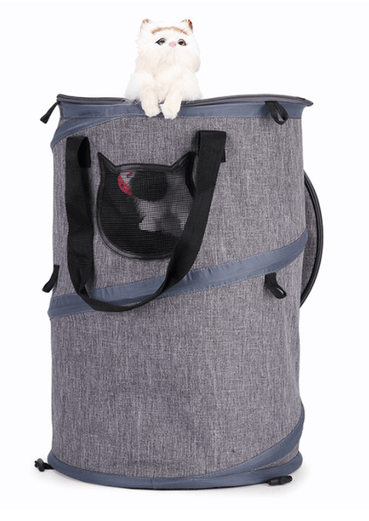 Gray pet carrier with a black handle and wheels on a white background