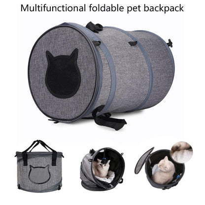 Multifunctional foldable pet backpack with a cat design on a white background