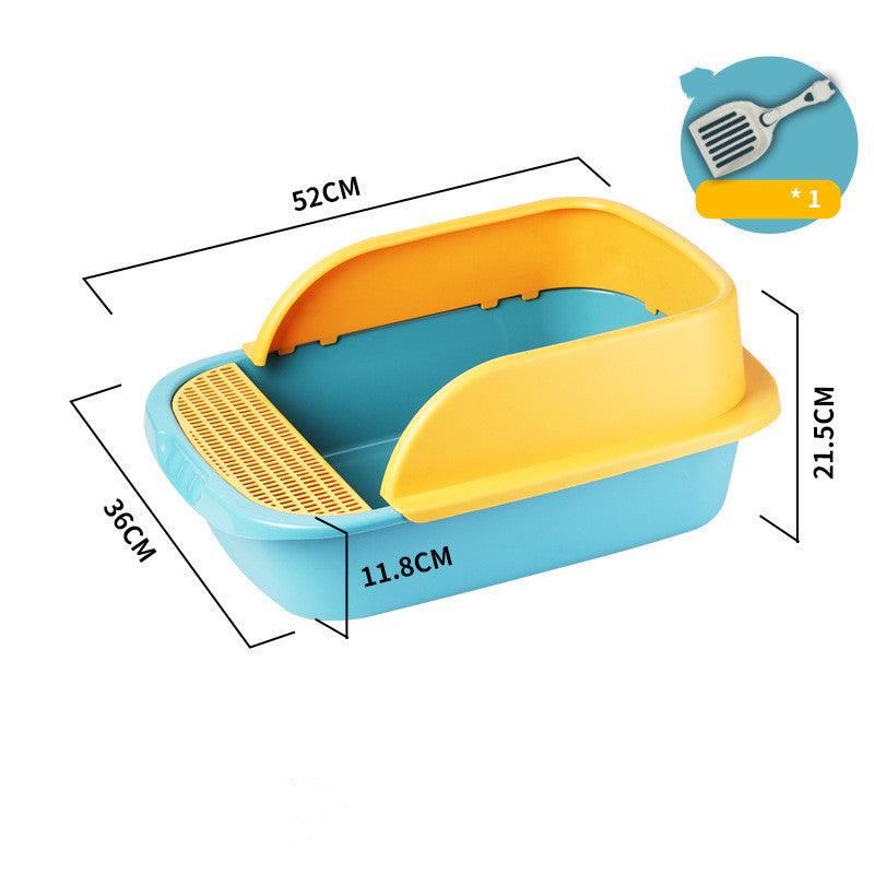 Blue and yellow pet litter box with dimensions on a white background