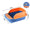 Blue and orange pet litter box with dimensions on a white background