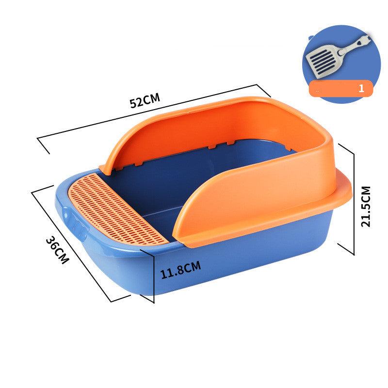 Blue and orange pet litter box with dimensions on a white background