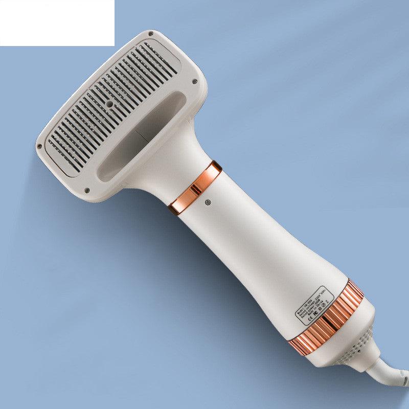 White and rose gold hair dryer on a light blue background