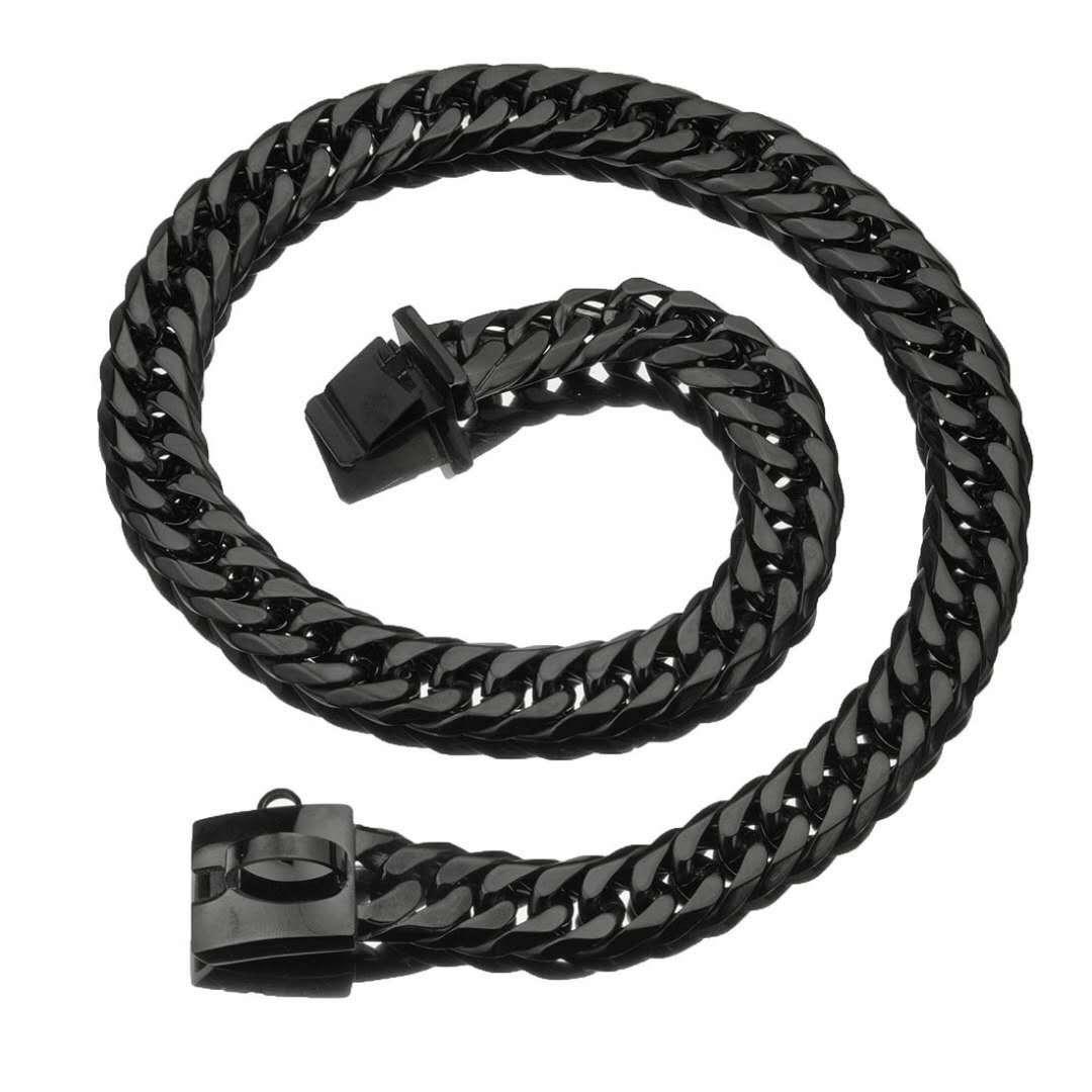 Black chain belt with clasp on a white background