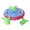 Toy set with a pink and blue UFO and green alien figures on a white background