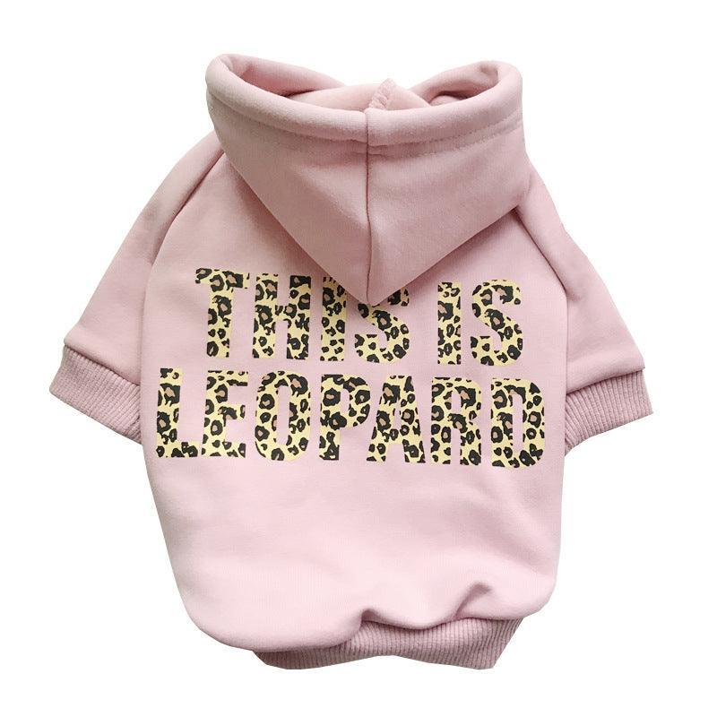 Pink dog hoodie with leopard print text on a white background