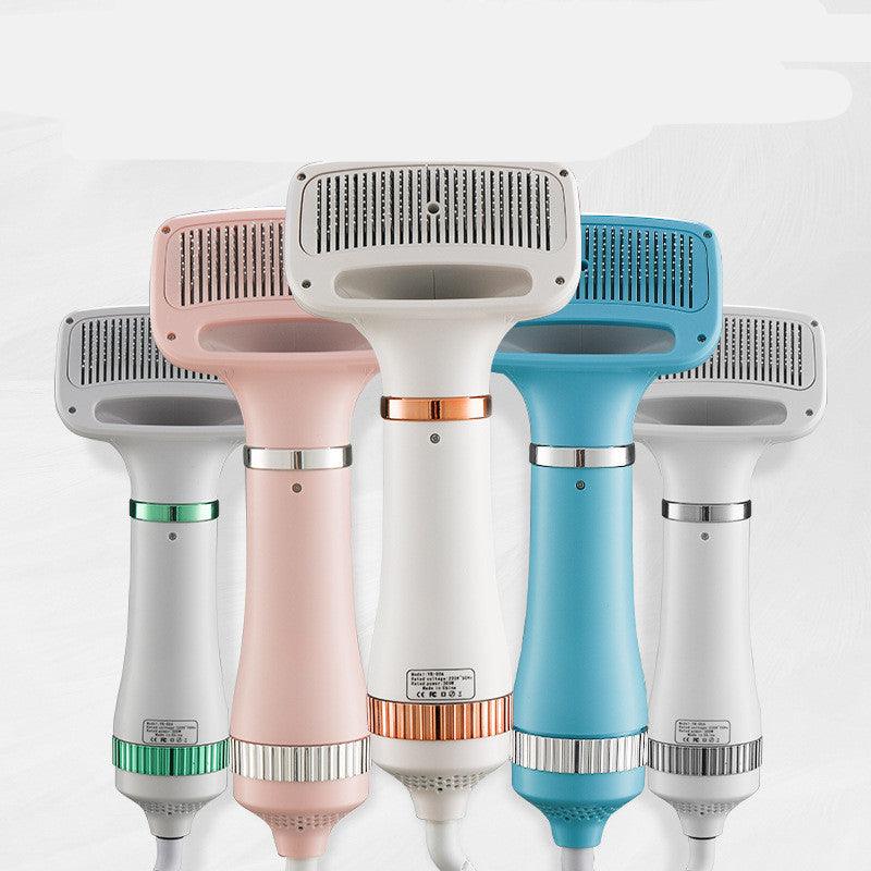Five handheld hair dryers in different colors on a white background