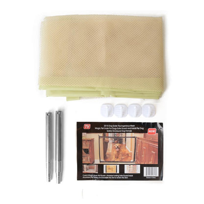 Dog gate installation kit with mesh panel, brackets, and packaging on a white background