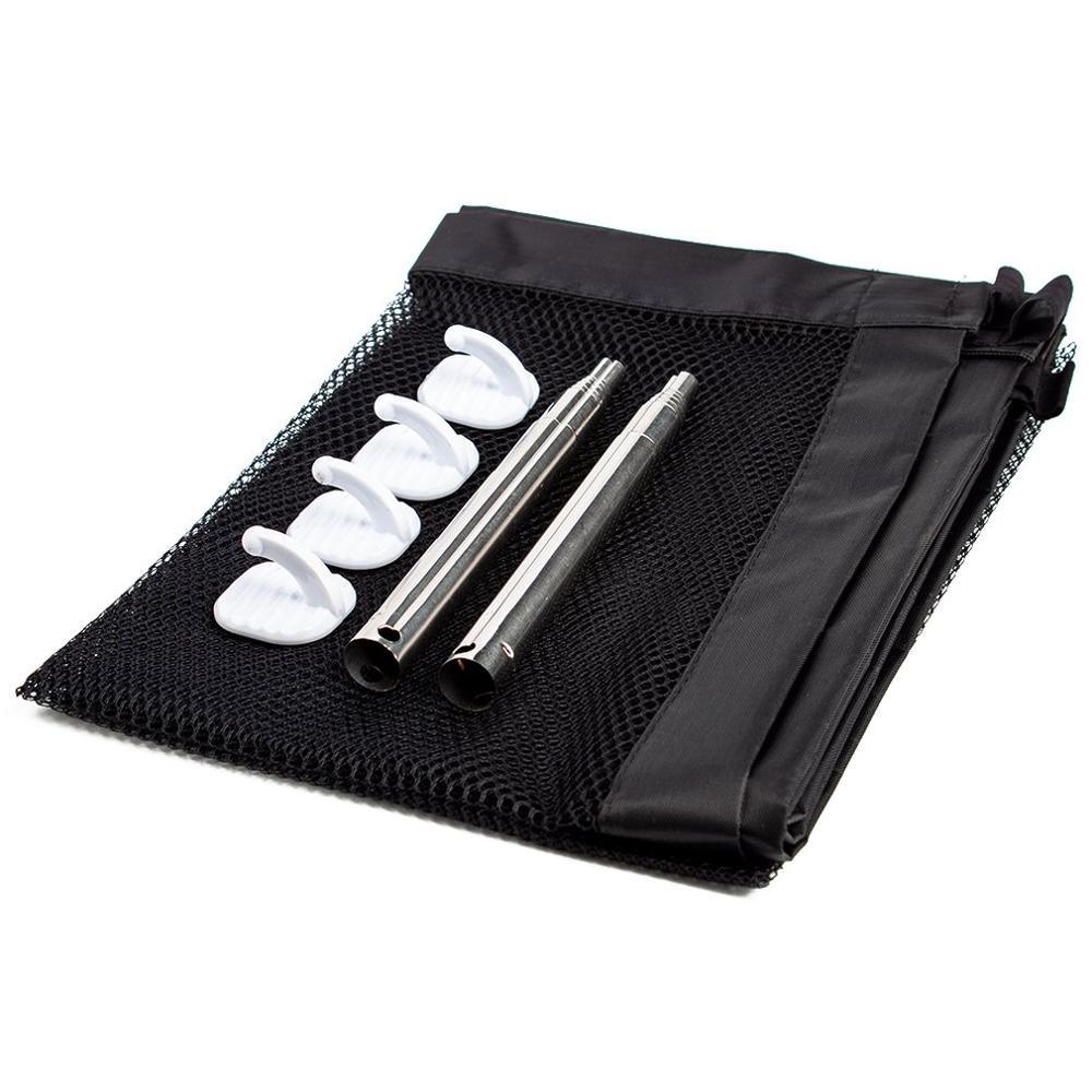 Black mesh bag with white silicone straws and metal straws on a white background