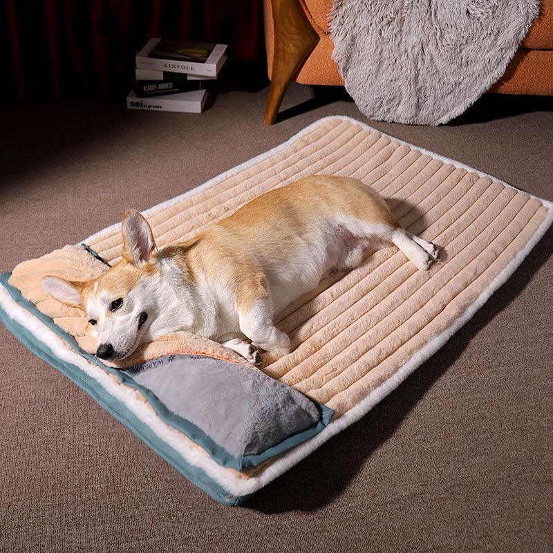 Dog lying on a plush pet bed in a cozy living room.