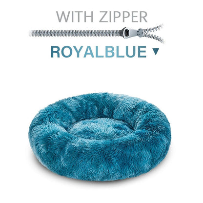 Blue fluffy pet bed with a zipper on a white background