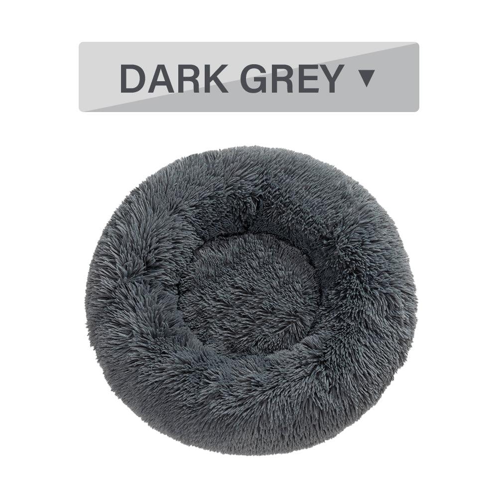 Dark grey pet bed with a label indicating the color on a white background