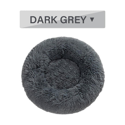 Dark grey pet bed with a label indicating the color on a white background