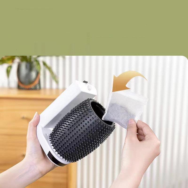 Person holding a grooming brush with a filter attachment against a neutral background