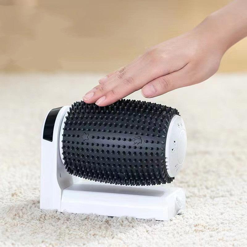 Hand using a black and white roller on a carpeted floor