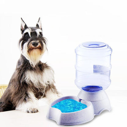 Dog sitting next to a pet water and food dispenser on a white background