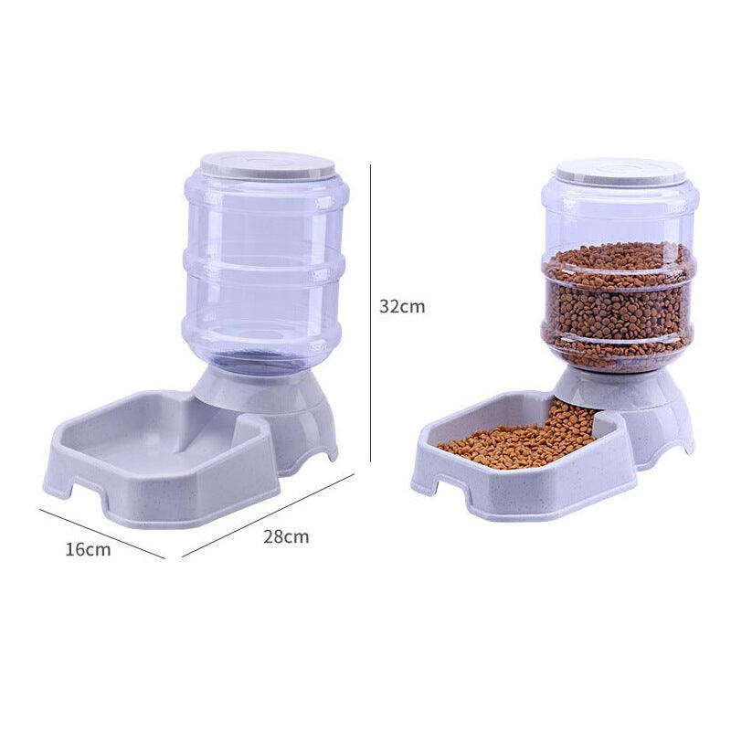 Pet feeding station with water dispenser and food container, showing dimensions.