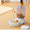 Pet food dispenser being filled with dog food on a wooden floor.