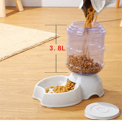Pet food dispenser being filled with dog food on a wooden floor.