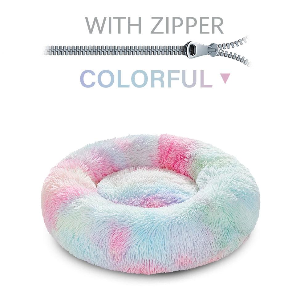 Colorful fluffy pet bed with a zipper on a white background