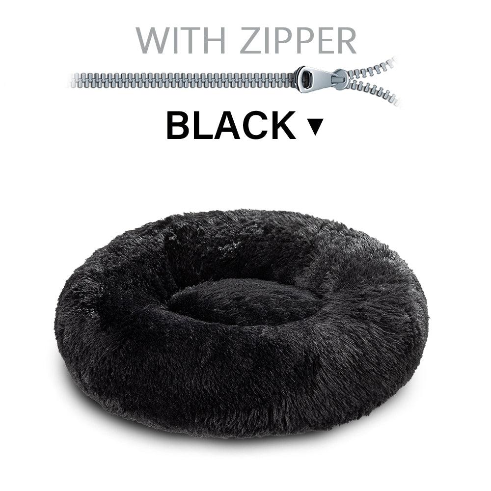 Black fluffy pet bed with a zipper on a white background