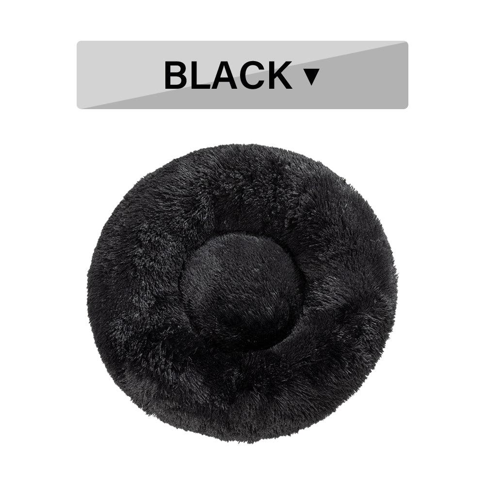 Black fluffy donut-shaped pet bed on a white background with a 'BLACK' label above it.