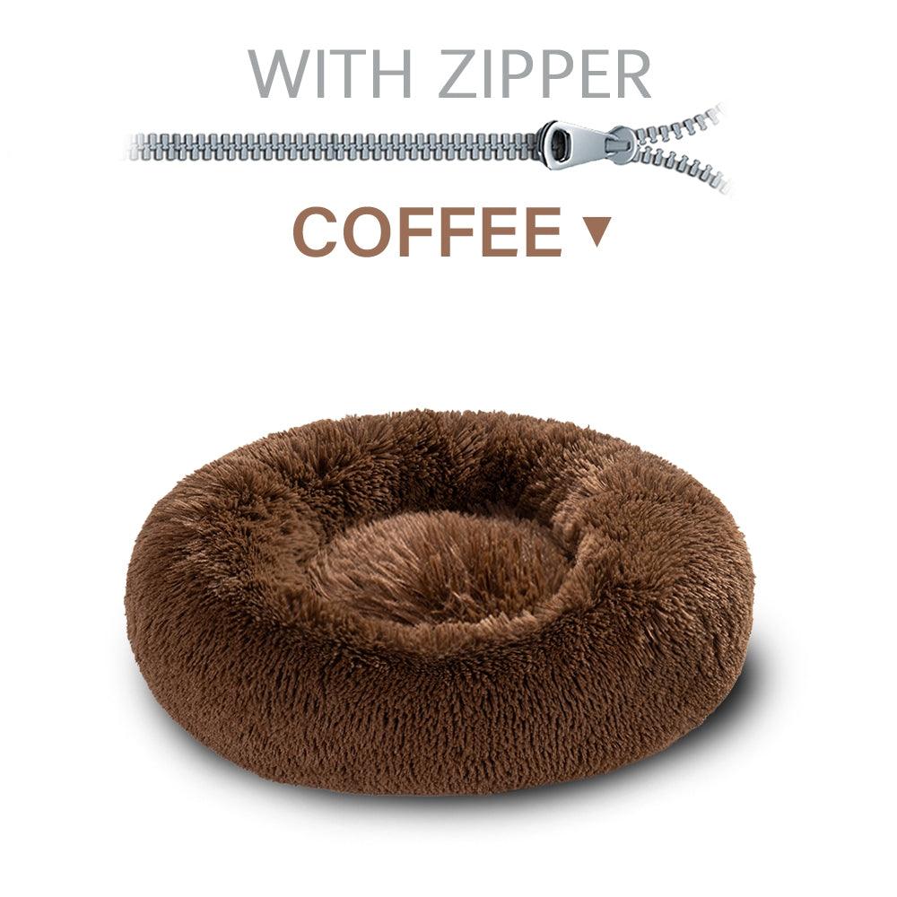 Brown fluffy pet bed with a zipper on a white background