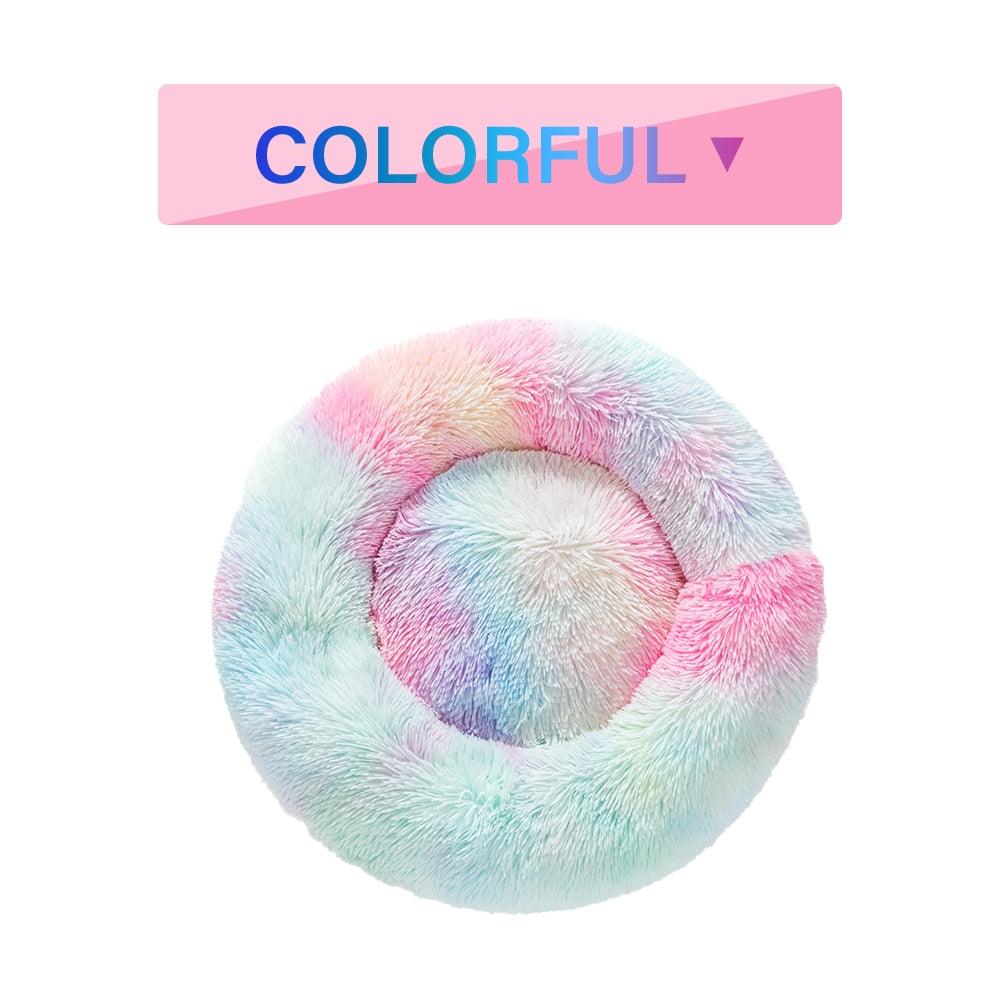 Multicolored fluffy pet bed with a 'Colorful' label above it on a white background
