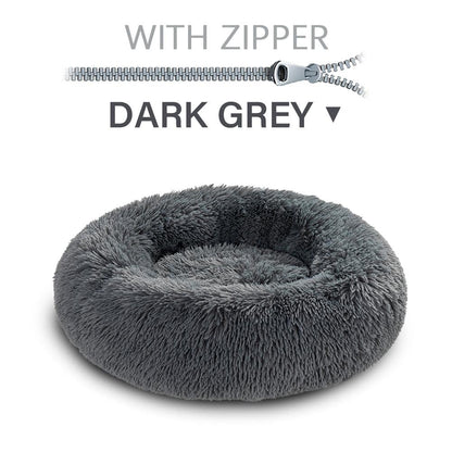 Dark grey fluffy pet bed with a zipper on a white background