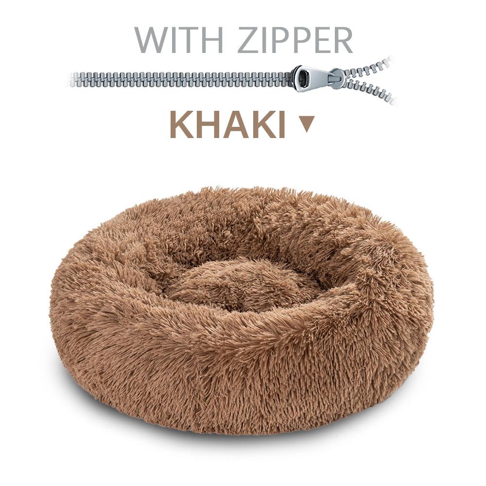 Khaki fluffy pet bed with a zipper on a white background
